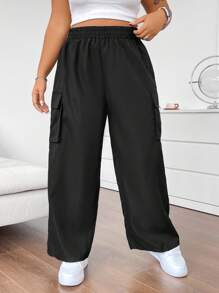 Flirla Plus Size Elastic Waist Flip Cover Pocket Casual Straight Pants Fall Cloth For Women - Black - View 4