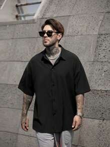 男士学院风美式短袖衬衫 - 黑色 - 查看 3