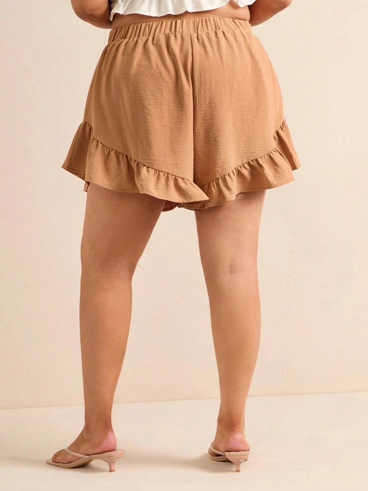 Plus Size Knot Detail Elastic Waist Ruffled Hem Shorts