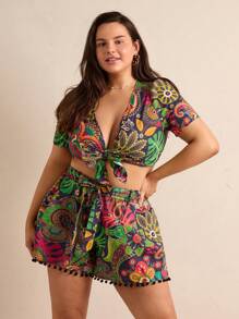 Forever 21 Plus Size Crop Top And Shorts Set With Paisley Print And Front Knot - Multicolor - View 3
