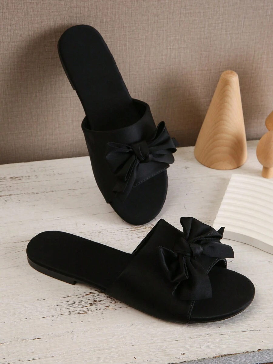 黑色蝴蝶結裝飾，舒適多用途女式平底涼鞋 - 黑色 - 查看 1