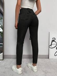 EURMUSE Ripped High Waist Skinny Jeans - Black - View 2