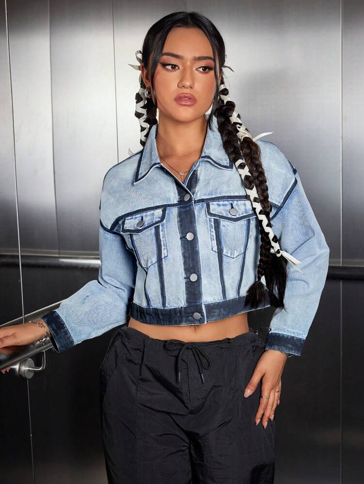 Contrasting Button-Down Collar Denim Jacket With Flap Pockets