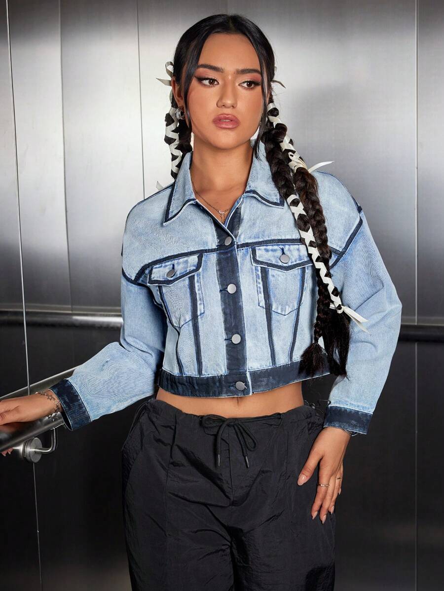 SHEIN ICON Contrasting Button-Down Collar Denim Jacket With Flap Pockets - Blue - View 1