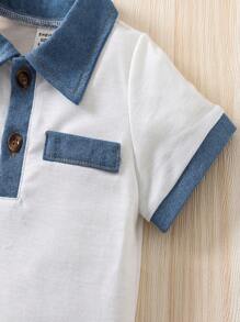 Outfit Primavera/estate Per Bambino 2 Pezzi, Top A Mezza Placket A Bottoni Contrastanti A Maniche Corte E Pantaloncini In Denim Con Elastico In Vita