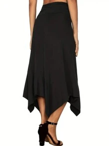 INAWLY Women's Solid Color Asymmetric Hem Skirt - Black - View 2