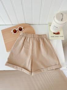 SHEIN LMoss Kids Solid Color Pleated Casual Straight Shorts For Tween Girls - Khaki - View 2