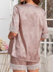 Set di pigiami in seta con pizzo, con bordi jacquard, collo a V, per donne in gravidanza