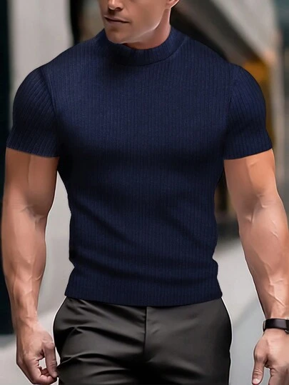 Manfinity Homme 男士纯色圆领短袖修身条纹T恤，秋季