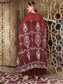 Al Najma Burgundy Red Embroidered Split Sleeve Jacket And Cami Dress 2pcs Set Kaftan Jalabiya Dress - Burgundy - View 2