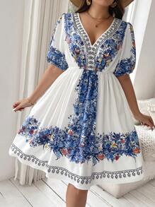Flirla Đầm Boho in họa tiết cổ chữ V cỡ lớn cho mùa hè, trang phục đi biển dành cho nữ - Xanh và trắng - Xem 1