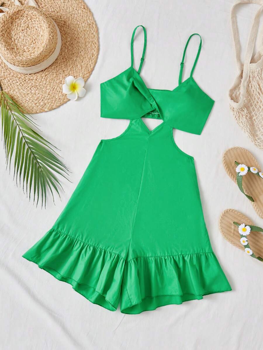 Soleia Combinaison verte décontractée pour femme avec ourlet à volants évidé et bretelles spaghetti pour les vacances