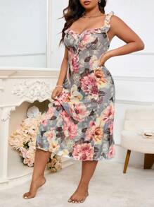 Plus Floral Print Ruffle Trim Knot Front Mesh Cami Pajama Nightdress - Multicolor - View 4