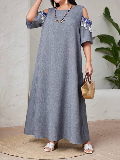 Mulvari 大碼露肩穗穗裝飾連衣裙