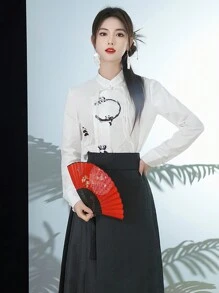 中国风熊猫印花设计中国风上衣，春季款 - 白色 - 查看 1