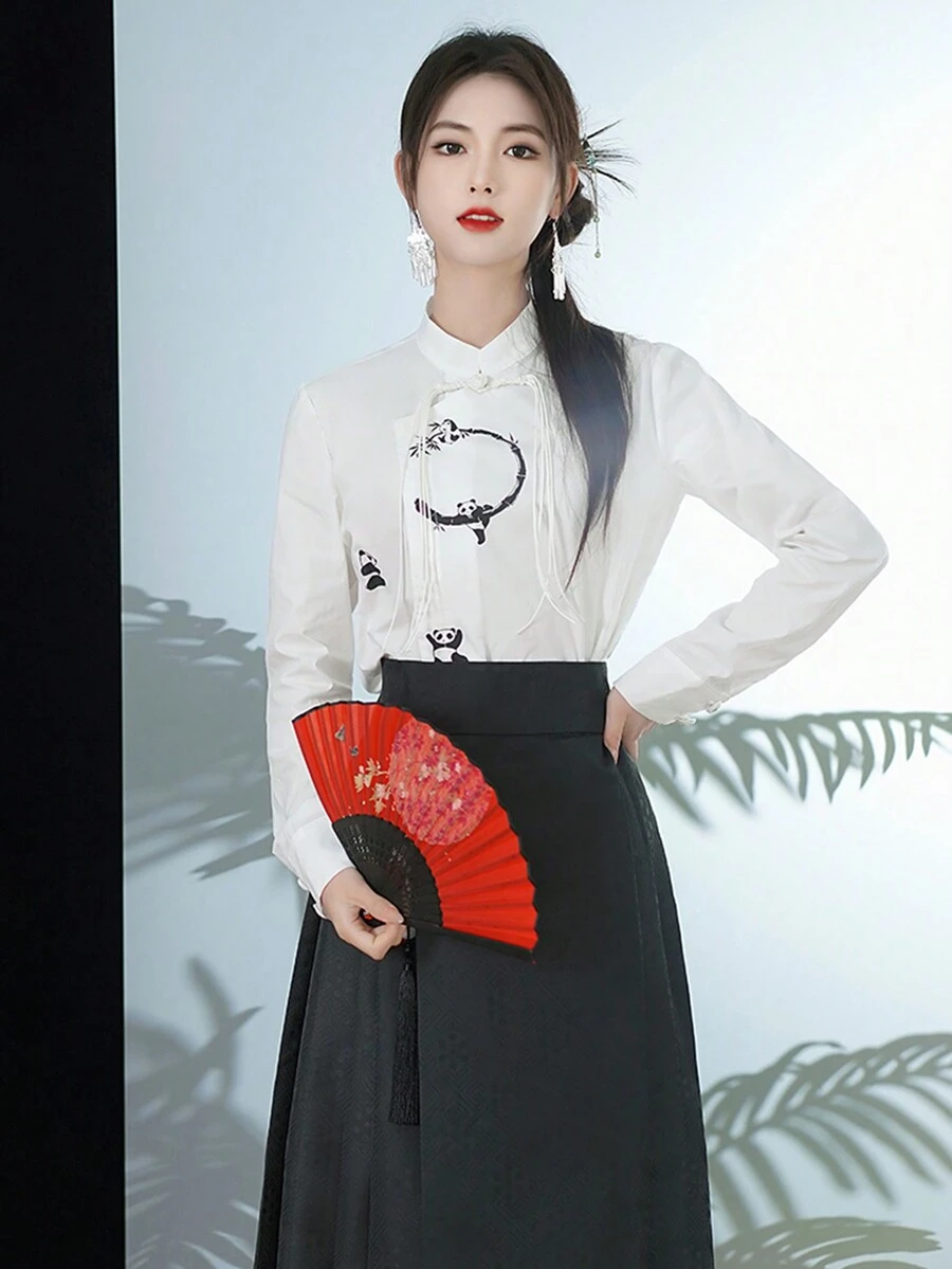 中国风熊猫印花设计中国风上衣，春季款 - 白色 - 查看 1