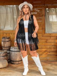 SHEIN LUNE Gilet smanicato taglie forti con design traforato e orlo con frange, adatto per l'inverno - nero - Visualizzare 4