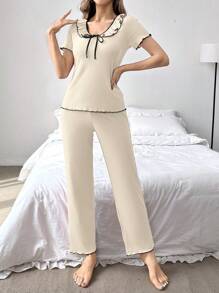 2 cái/bộ Xoay eo Cổ chữ V Ngắn tay Áo Và Quần chân thẳng Nhà  Mặc - Màu be - Xem 3