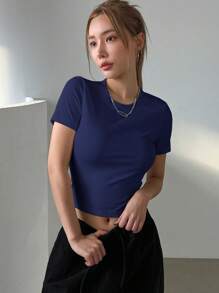 DAZY Áo thun nữ dáng ôm bó màu trơn mùa hè - Màu xanh hải quân - Xem 4