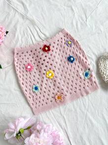 Soleia Knitted Skirt With Hollow Out Needlework & 3d Flower Embellishment Mini Skirts - Pink - View 1