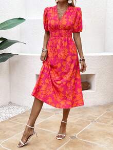 SHEIN VCAY Của phụ nữ Hoa In Ngắn Ống tay áo Bong bóng Đầm - Nhiều màu - Xem 3