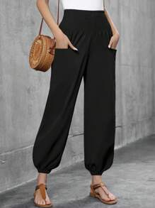 Women's Casual Elastic Waist Cropped Pants Double Pocket