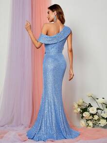 Faeriesty Đầm dạ hội dài lệch vai lấp lánh sang trọng dành cho nữ - Thiết kế xếp ly eo, xẻ tà cao và chất liệu rủ mềm mại | Thích hợp cho các buổi dạ tiệc, tiệc năm mới, sự kiện trang trọng và kỳ nghỉ hè. - Màu xanh nhạt - Xem 2