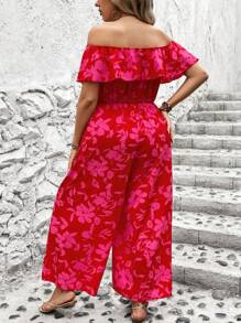 Breezaya Plus Size Vacation Style Floral Print Off-Shoulder Wide Leg Jumpsuit For New Year Clothes - Red - View 3