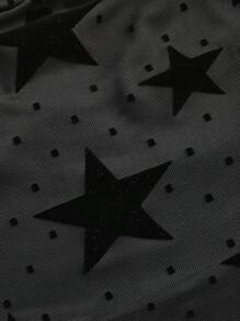 SHEIN MOD 大码女式天鹅绒五角星图案绷带网眼露肩上衣，略带透明音乐节 - 黑色 - 查看 4