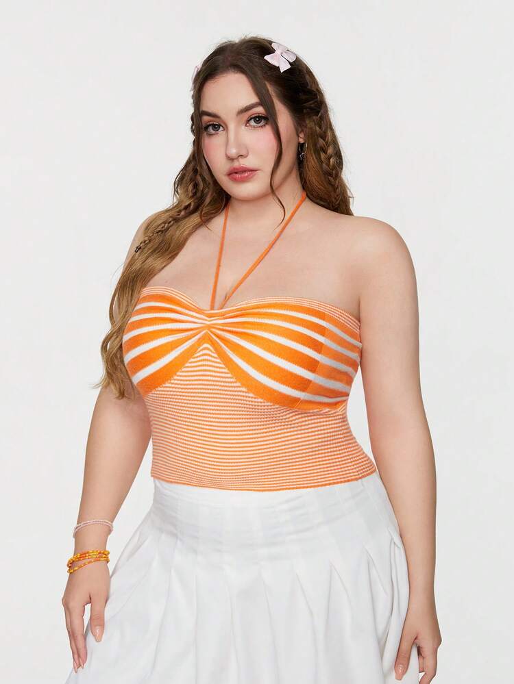 Plus Size Women's Slim Fit Striped Halter Knitted Top