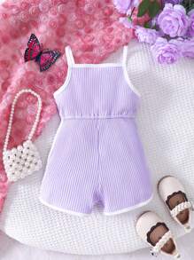 Baby Girl 3d Flower Color Blocking Edge Strap Romper - Purple - View 2