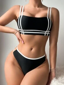 SHEIN Swim Bộ Bikini Màu Khối Màu Có Chi Tiết Viền Bãi Biển Mùa Hè - màu đen - Xem 1