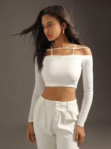 Zolique 女性性感網紗露肩短款上衣 - 米色 - 查看 6