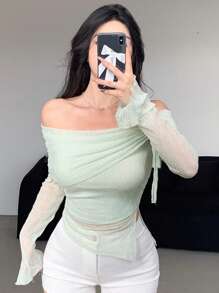 DAZY Textured Off Shoulder Drawstring T-Shirt - Mint Green - View 3
