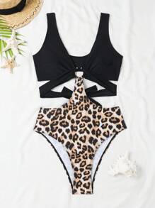 SHEIN Swim Summer Beach Splicing Leopard Hollow Out V-Neck Ring Linked One-Piece Swimsuit - Multicolor - View 4