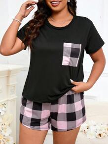 Plus Buffalo Plaid Print Pocket Patched PJ Set / Pajama Set - Multicolor - View 1