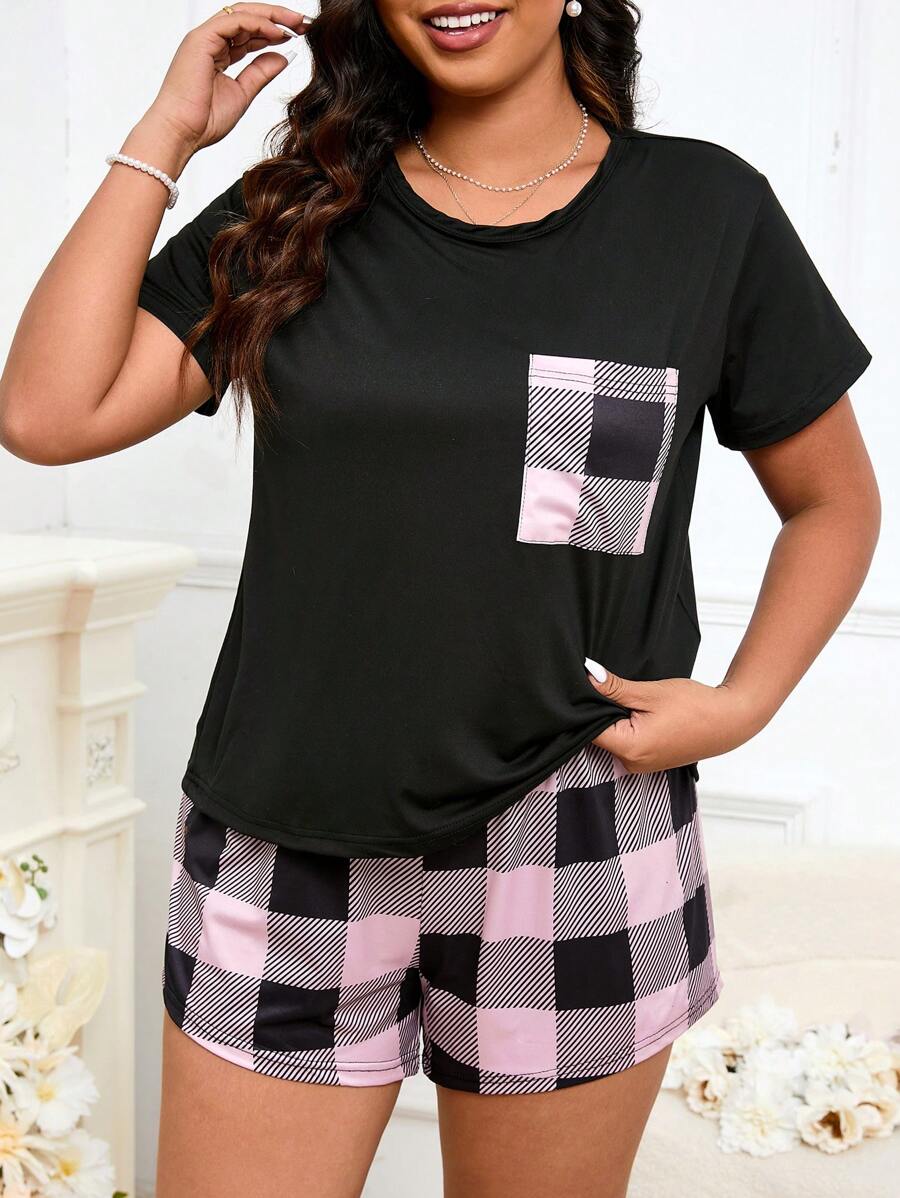 Plus Buffalo Plaid Print Pocket Patched PJ Set / Pajama Set - Multicolor - View 1