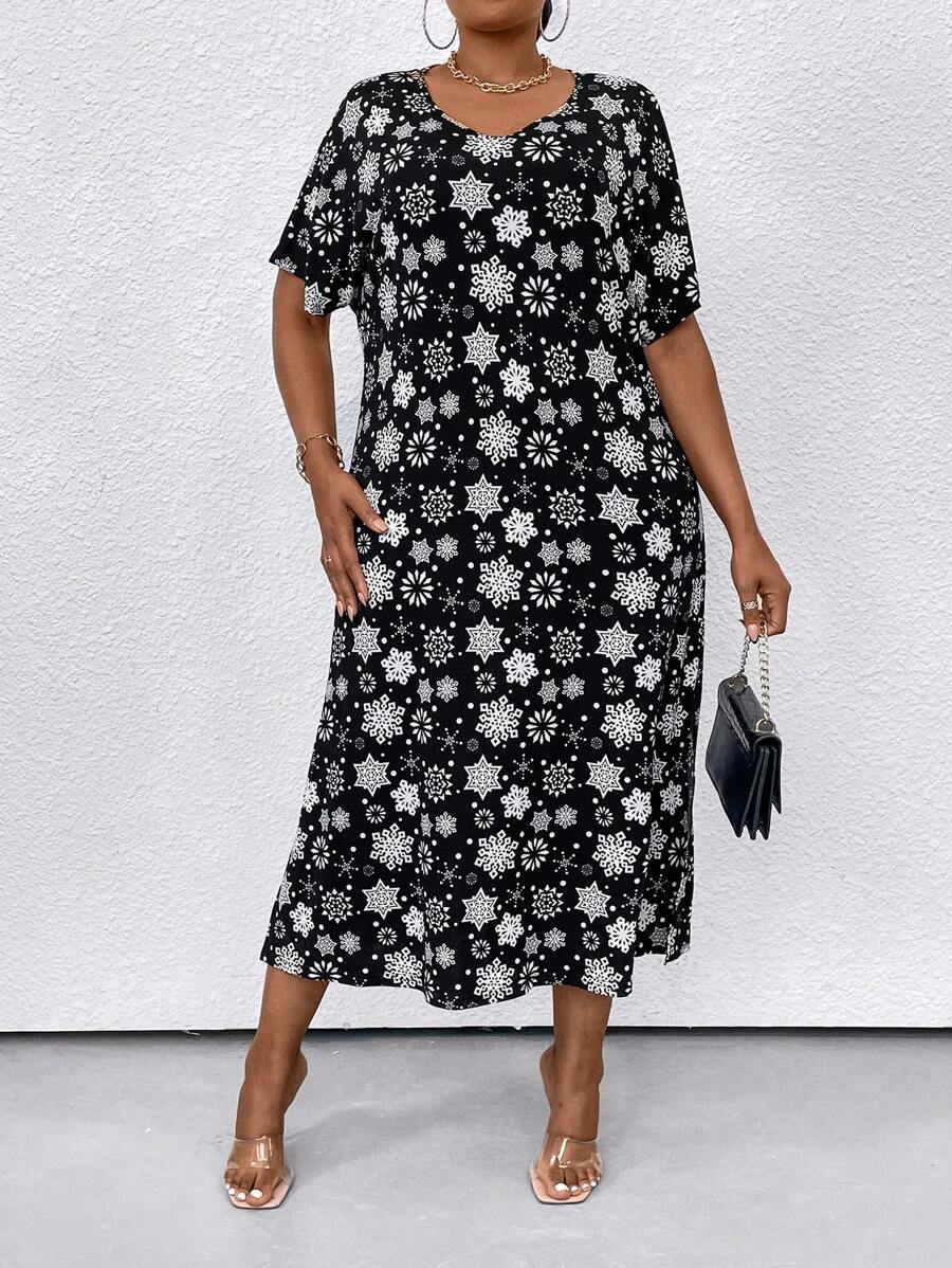 SHEIN LUNE Vestido Estampado De Manga Corta Con Cuello En V Y Tamaño Extra Para Mujer - Negro - Ver 1