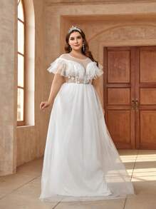 SHEIN Belle Kích thước lớn Thanh lịch Váy dự tiệc Với Thêu , Lưới Và Xù Hoa Sen Thiết kế - trắng - Xem 8