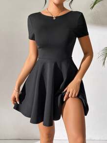 SHEIN PETITE Quý cô Màu thuần Không lưng Tie-Up Ngắn tay Đầm - màu đen - Xem 2