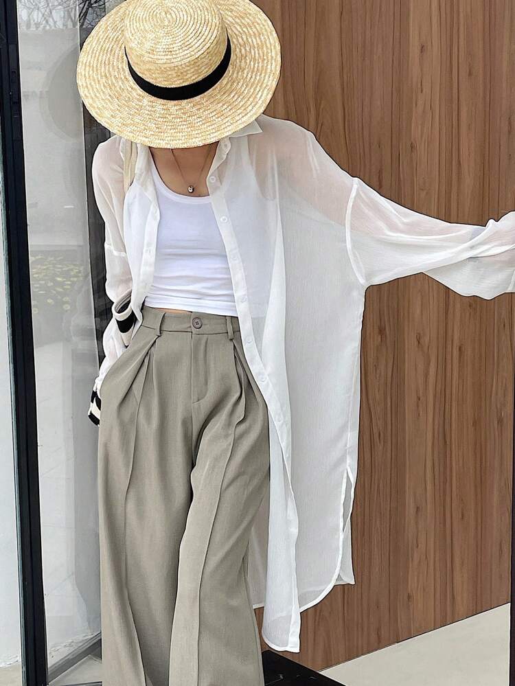 Women's Loose Fit Long Sleeve Longline Shirt With Collar