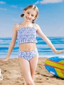 Tween Girl Floral Print Smocked Ruffle Hem Bikini Set Summer Beach - Multicolor - View 3