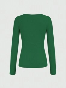 INAWLY Solid Color Waffle Knit Button Half Placket Slim Fit Long Sleeve T-Shirt Fall Cloth For Women - Green - View 2