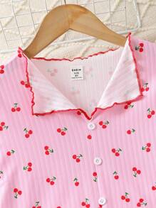 SHEIN Tween Girl Red Cherry Printed Loose And Comfortable Long Sleeve Long Pants Two-Piece Homewear Set - Pink - View 4