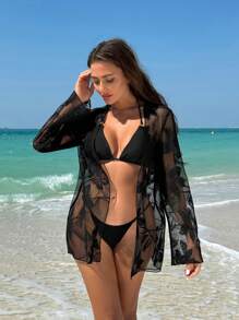 SHEIN Swim Women's Summer Beach Floral Jacquard Mesh Sheer Kimono - Black - View 2