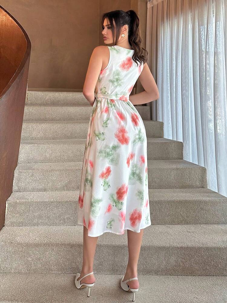 Women's Vacation Style Tie Dyed Sleeveless Single-Breasted Dress