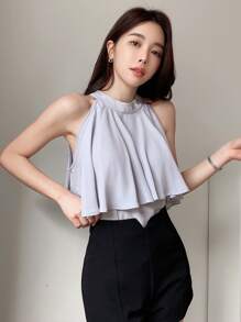 DAZY Women's Patchwork Ruffle Hem Halter Neck Blouse - Blue - View 6