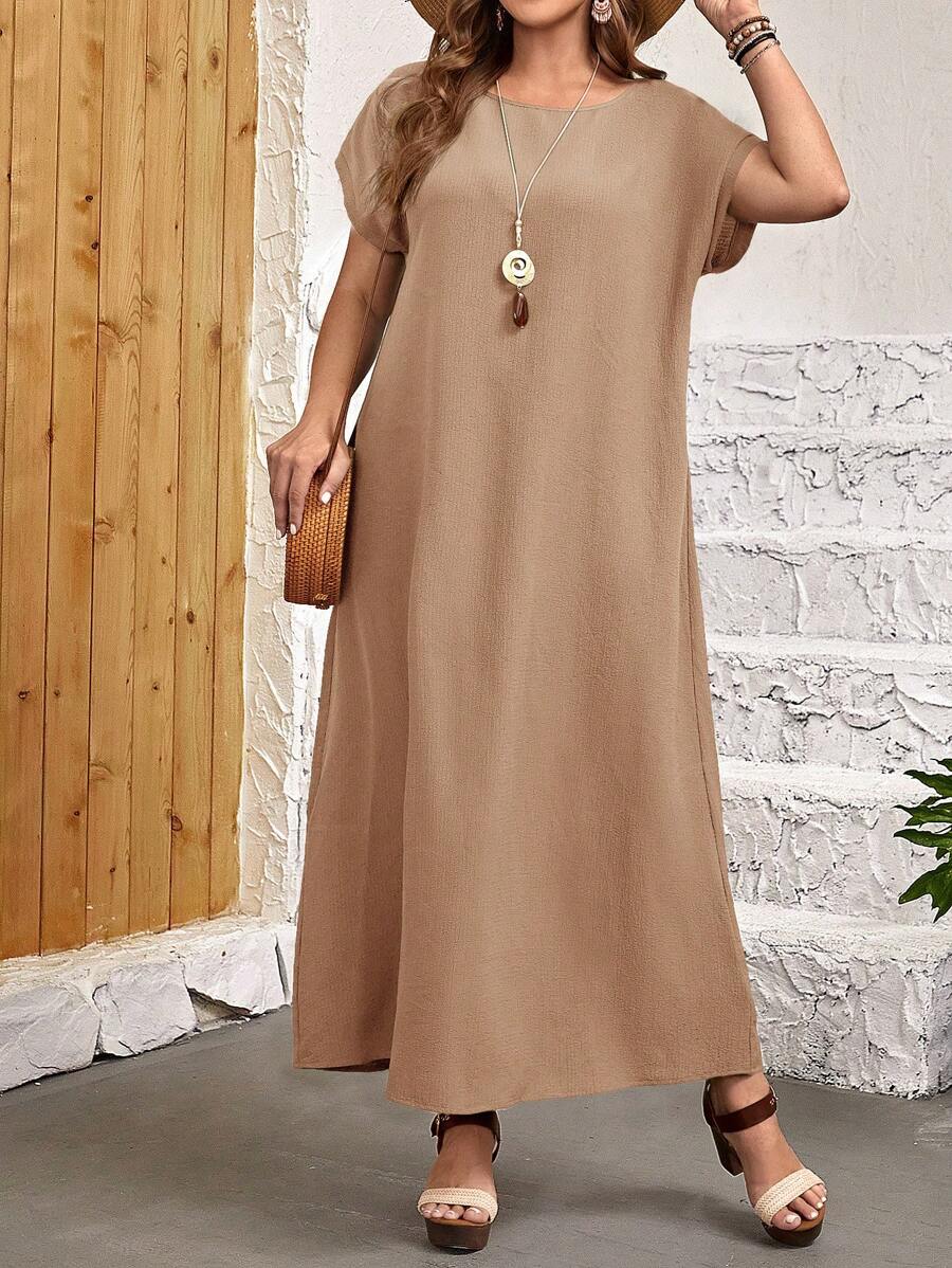 EMERY ROSE Plus Size Solid Color Loose Fit Round Neck Batwing Sleeve Dress - Khaki - View 1