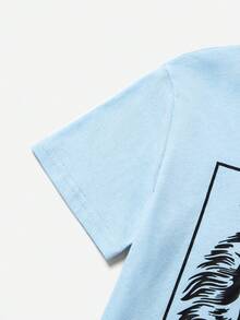 SHEIN 年輕男孩老虎圖案短袖T恤和長褲休閒舒適套裝 - 藍色 - 查看 4