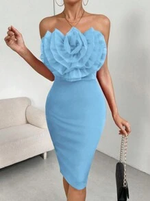 Roylia 3d Floral Bodycon Strapless Dress - Blue - View 3